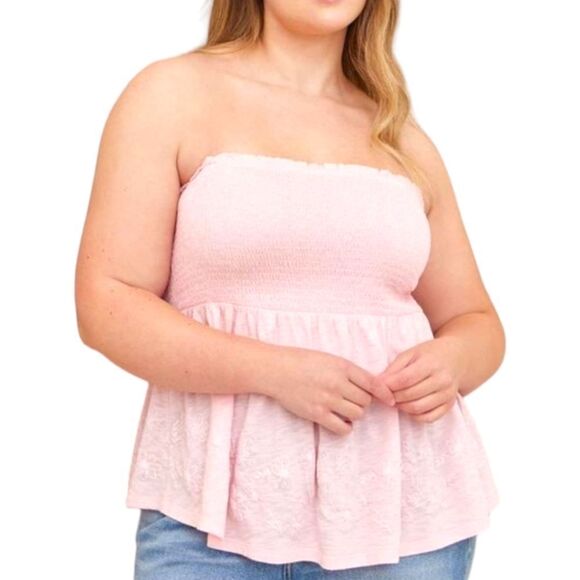 TORRID Plus Size Pink Cotton Strapless Smocked Bodice Embroidered Top 1X - Picture 1 of 14